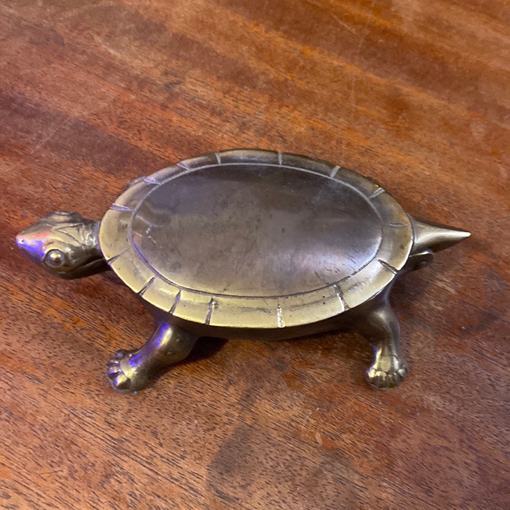Vintage Mid-Century Small Brass Lidded Turtle  Ashtray